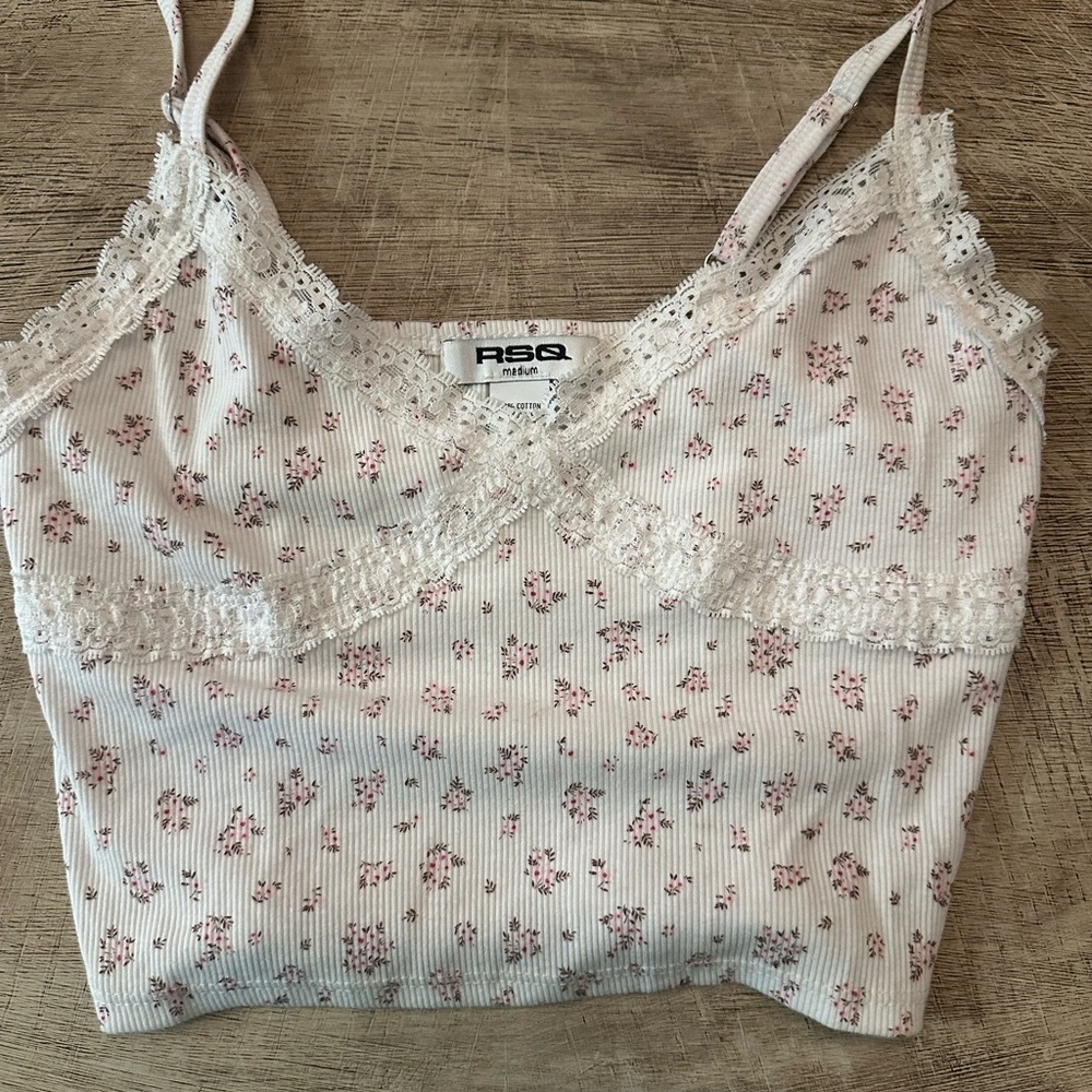 RSQ Cream and Pink Floral Lace Camisole
